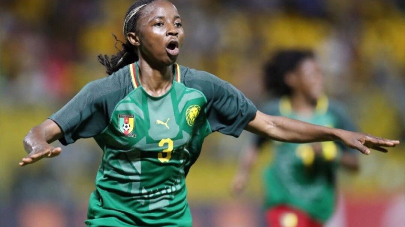 Ajara Nchout Njoya feirer VM-deltagelse for Kamerun. Foto: LTA Agency/Women’s Africa cup of nations