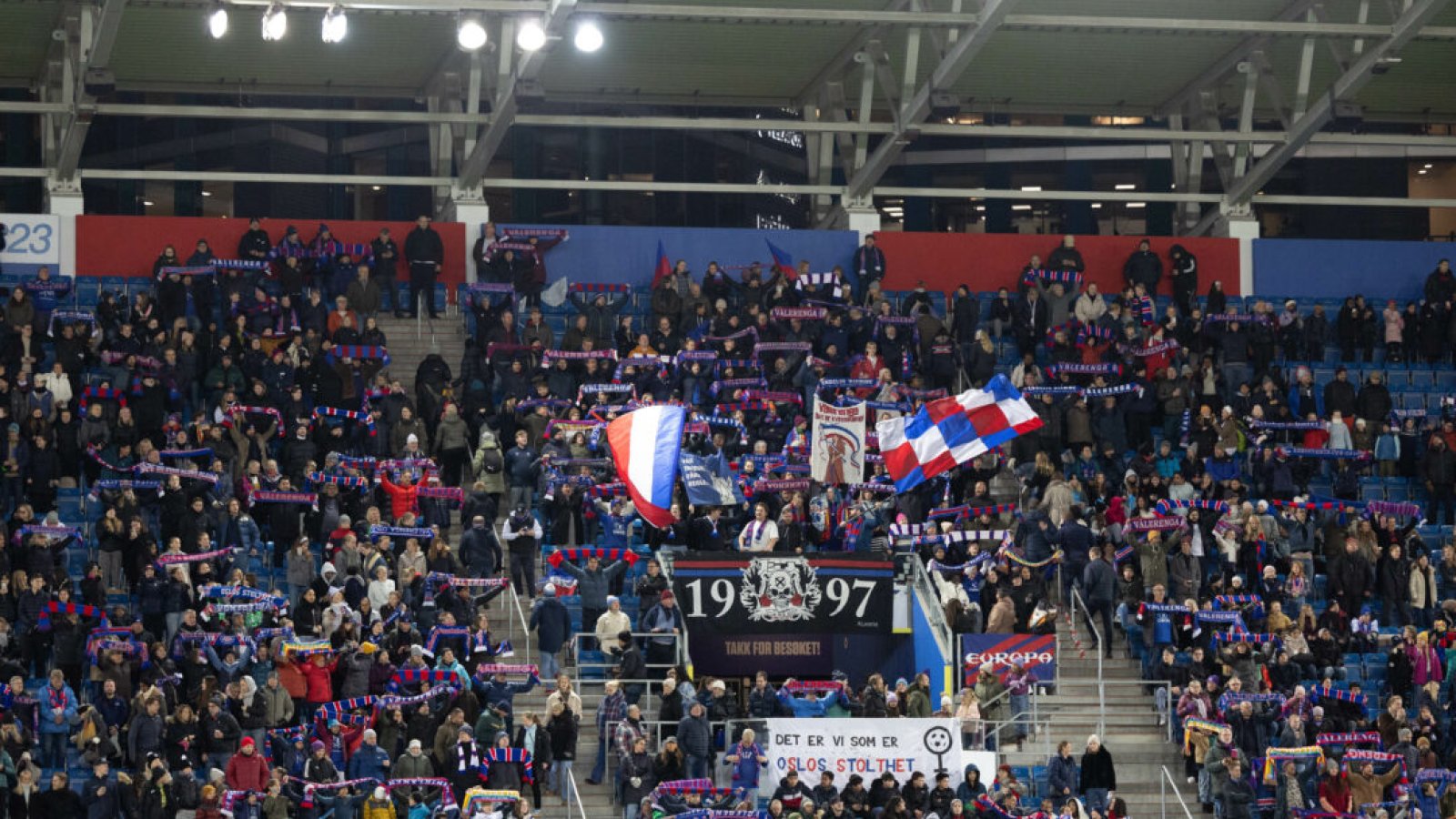 Supporters of Valerenga are seen during the UEFA Womens Champions League qualifying match between Valerenga and Real Madrid at Intility Arena in Oslo, Norway.